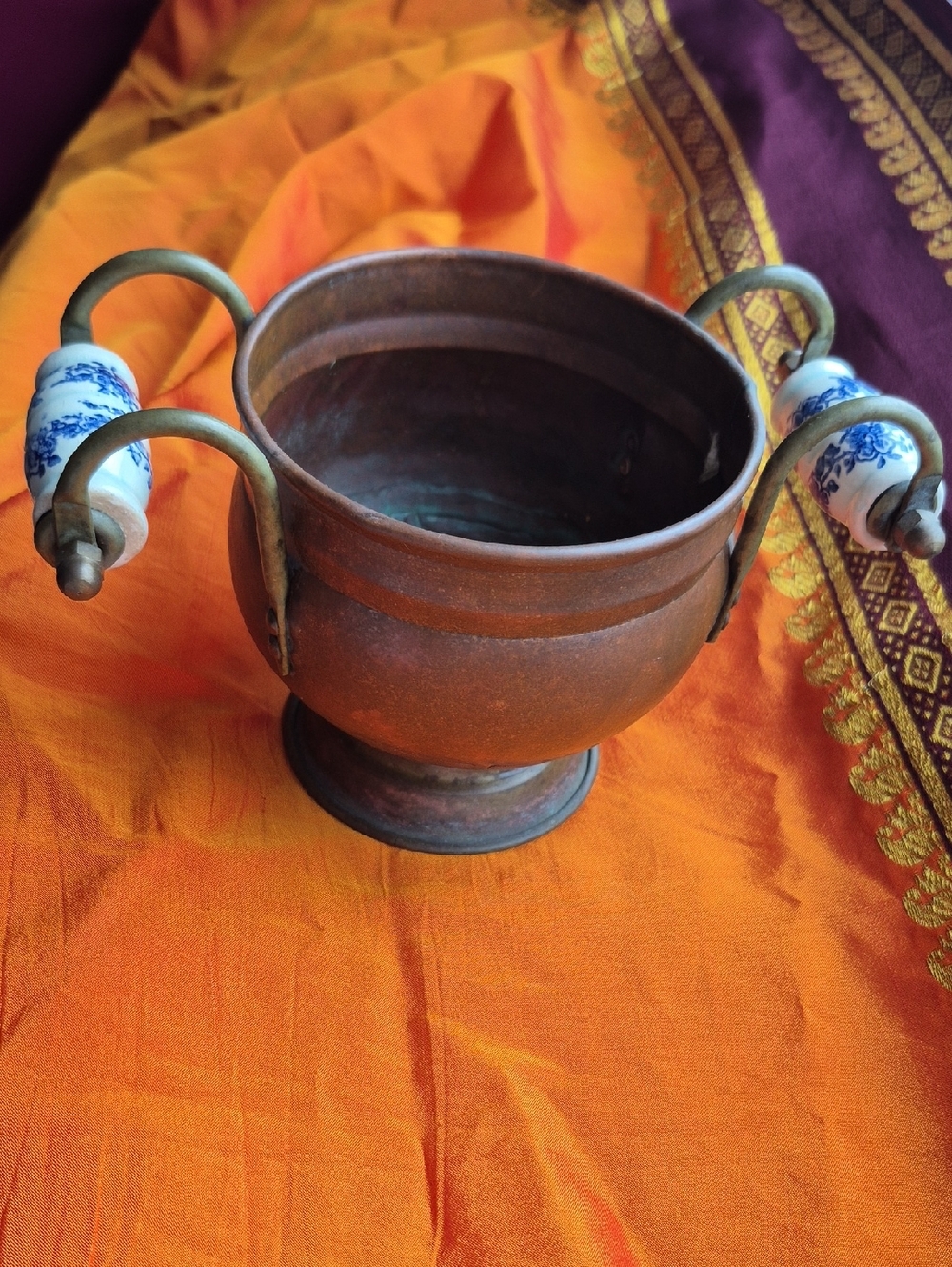 Antique-Delft Style Copper Pot With Porcelain Handles